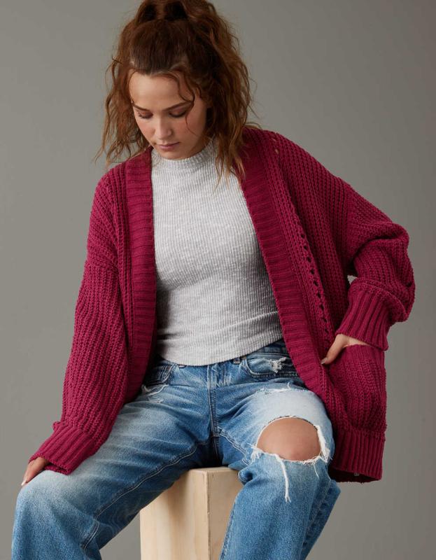 AE Slouchy Chenille Cardigan - Maroon, S 
