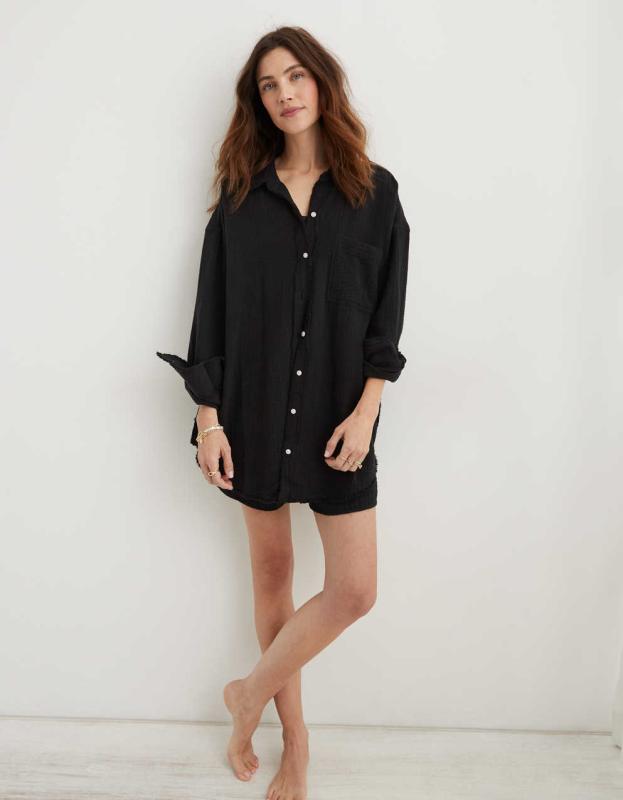 Aerie Pool-To-Party Cover Up Shirt - True Black, S 