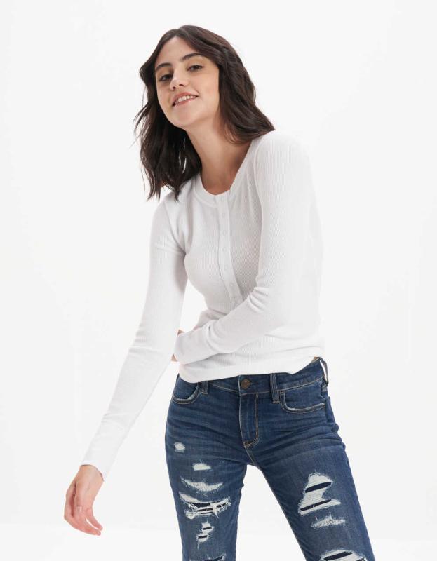 AE Long-Sleeve Henley Thermal T-Shirt - White, XXS 