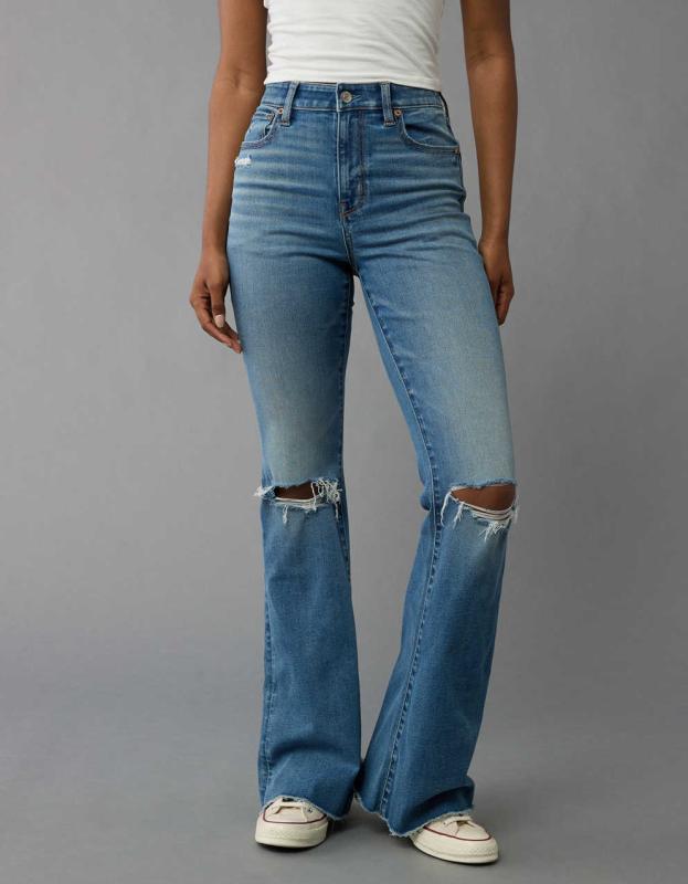 AE Next Level Super High-Waisted Ripped Flare Jean - Tinted Medium, 0 