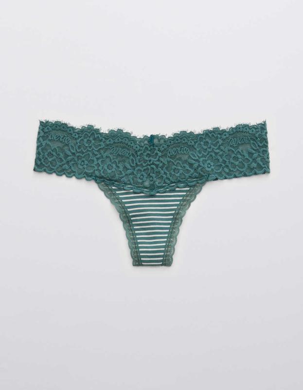 Aerie Cotton Eyelash Lace Striped Thong Underwear - Gatsby Green, S 