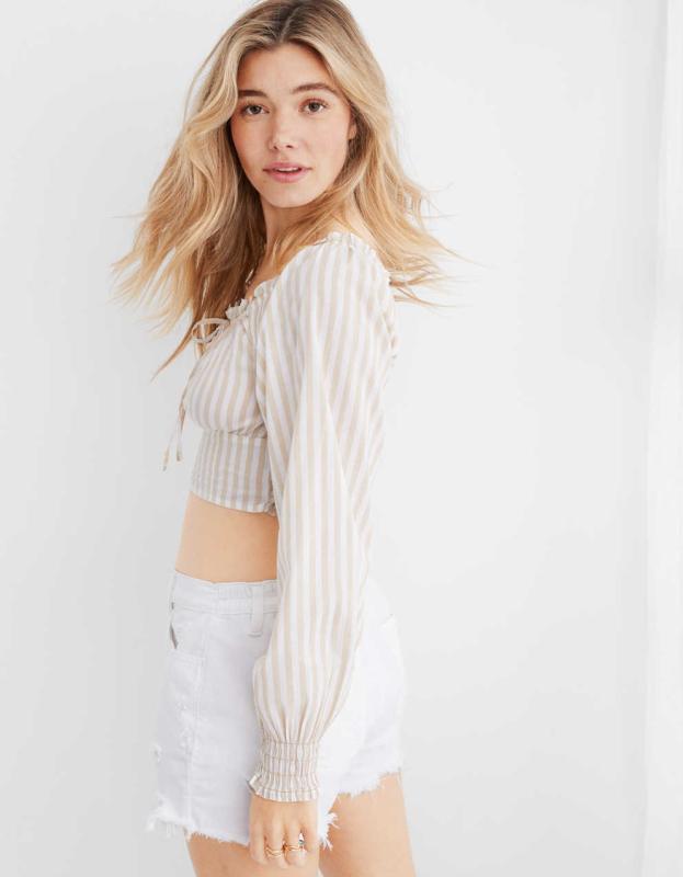 Aerie Woven Pretty Long Sleeve Top - Basketweave, L 