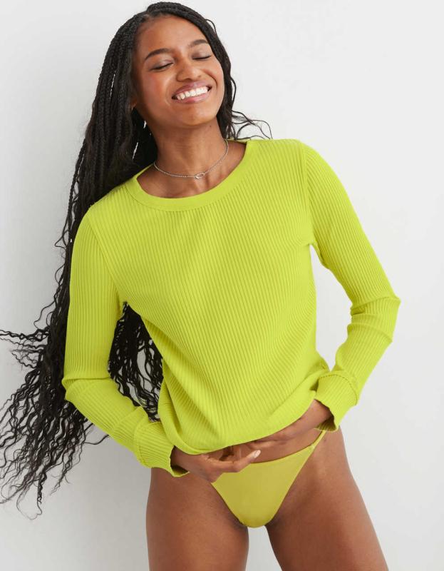 Aerie Fireside Long Sleeve Crewneck T-Shirt - Green Sheen, XXS 