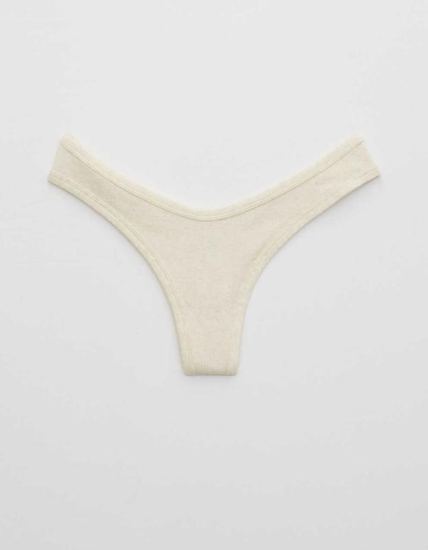 Aerie Ribbed Cotton High Cut Thong Underwear - Heather Frost, S 