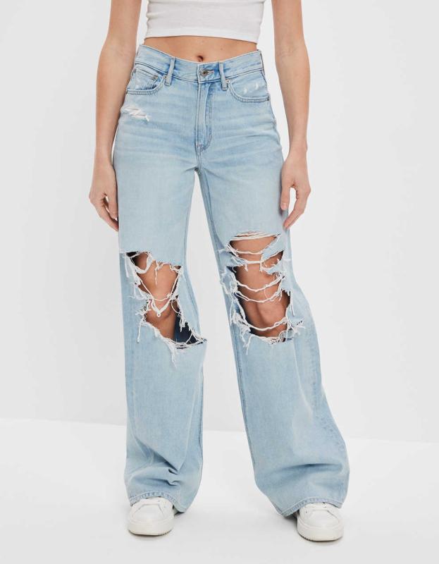 AE Dreamy Drape Ripped Super High-Waisted Baggy Wide-Leg Jean - Light Super Bleach, 10 