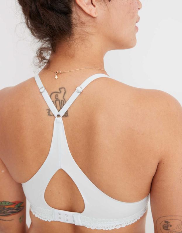 Aerie Real Sunnie Full Coverage Lightly Lined Blossom Lace Trim Bra - Misty Sky, 70D 