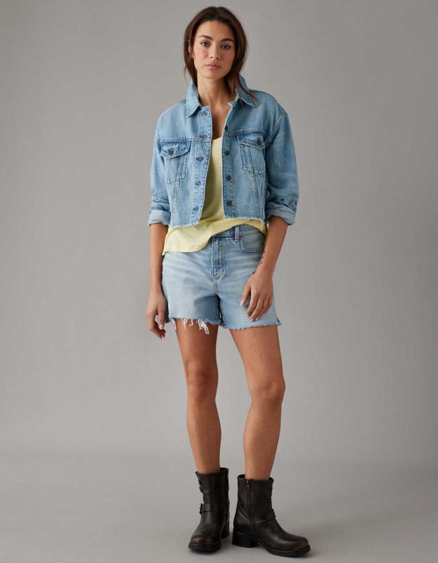 AE Dreamy Drape Stretch Cropped Denim Jacket - Medium Wash, XL 