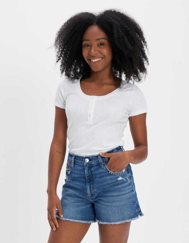 AE Scoop Neck Henley Tee - White, XXS 