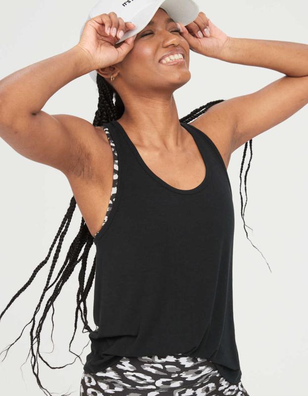 OFFLINE By Aerie Thumbs Up Jersey Ribbed Tank Top - True Black, L 