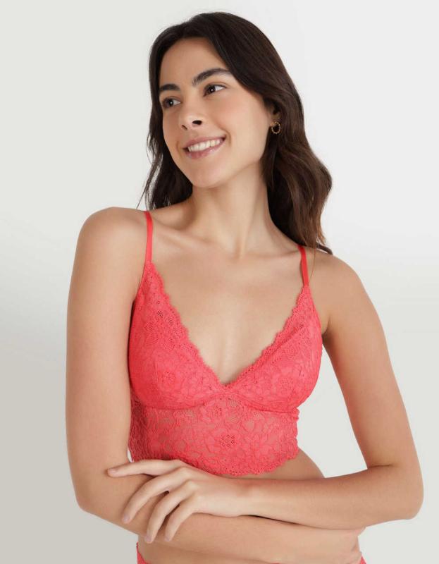 Show Off Eyelash Lace Padded Push Up Triangle Bralette - Resort Red, S 