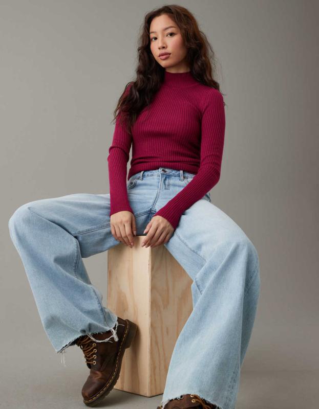 AE Ribbed Mock Neck Sweater - Maroon, XS 