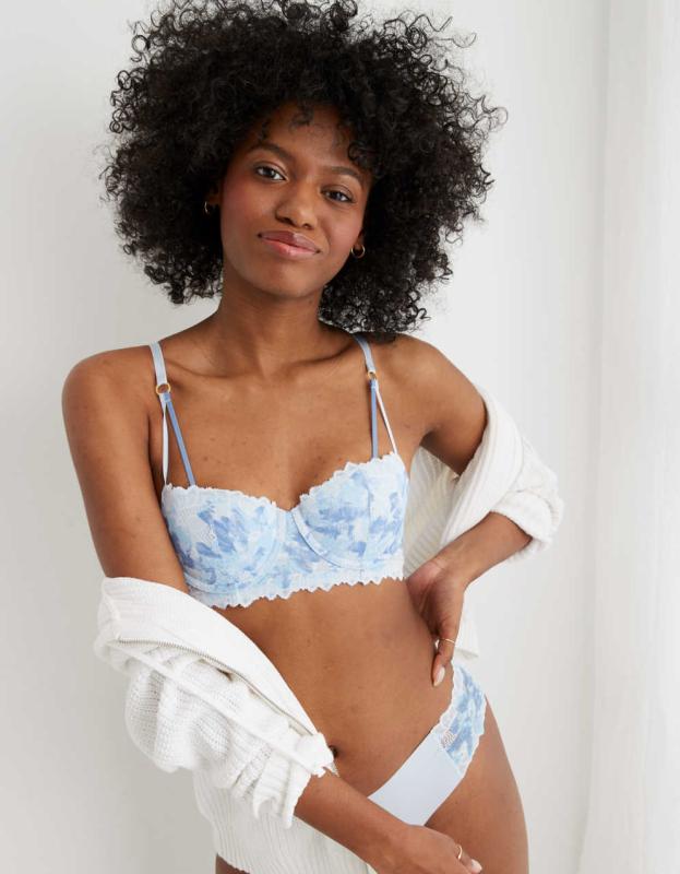 Aerie Real Power Balconette Sunkissed Lace Bra - Eyelet Blue, 70B 