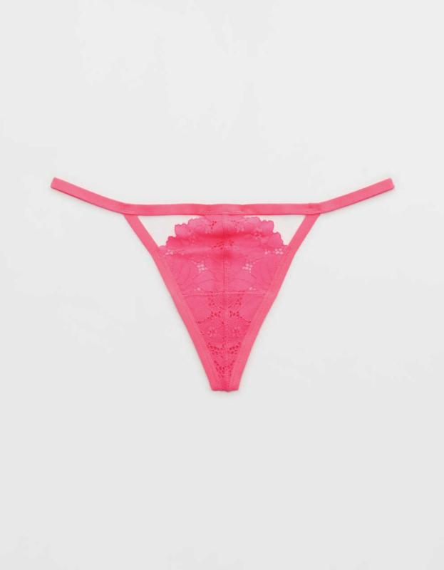 Aerie Poppy Lace Cut Out String Thong Underwear - Coral Sun, M 