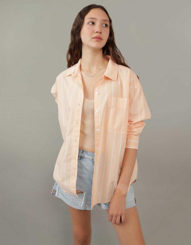 AE Perfect Button-Up Shirt - Orange, XS 