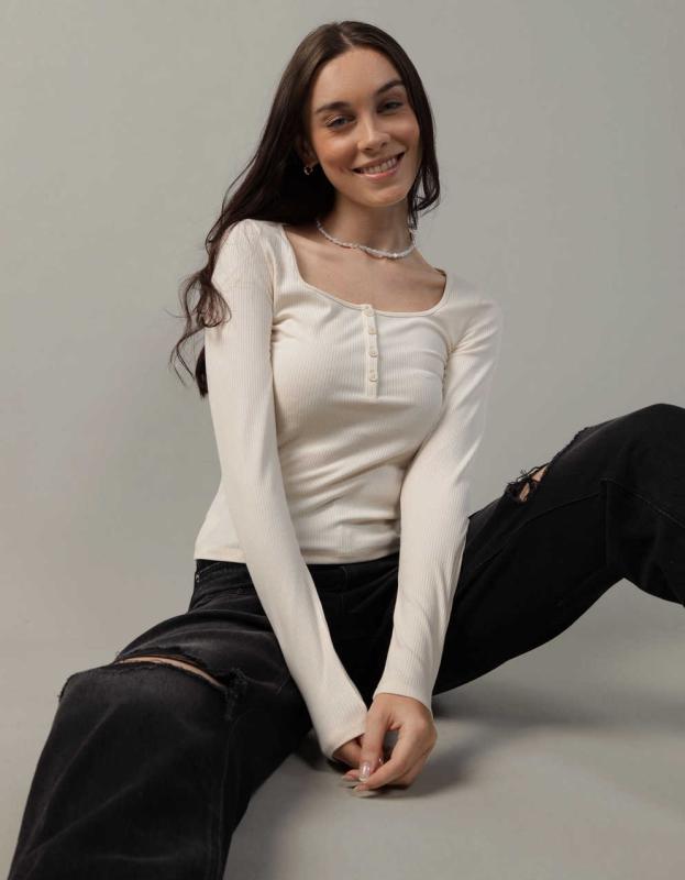 AE Long Sleeve Henley Bodysuit - Cream, L 