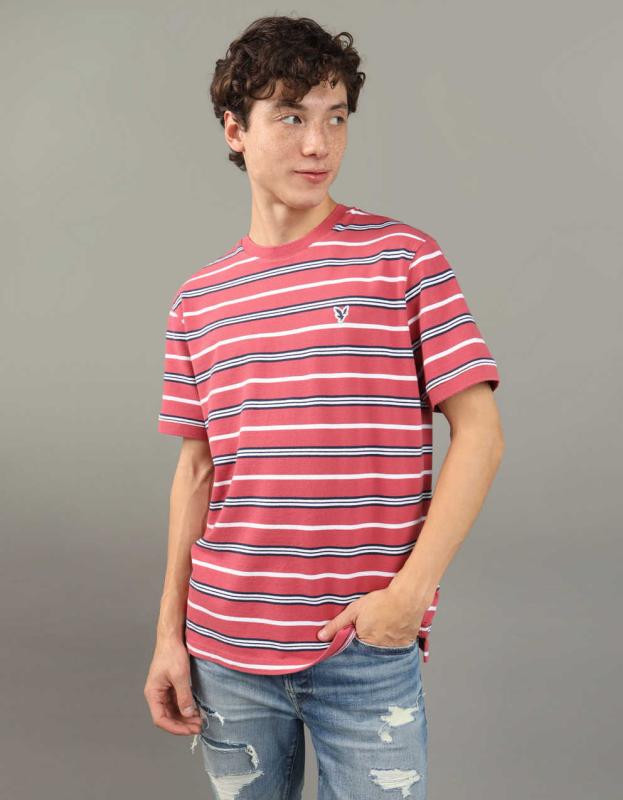 AE Flex Pique Striped T-Shirt - Red, M 