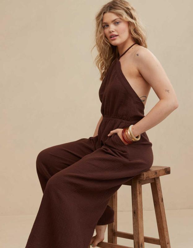 Aerie Pool-To-Party Halter Jumpsuit - Dark Maple, M 