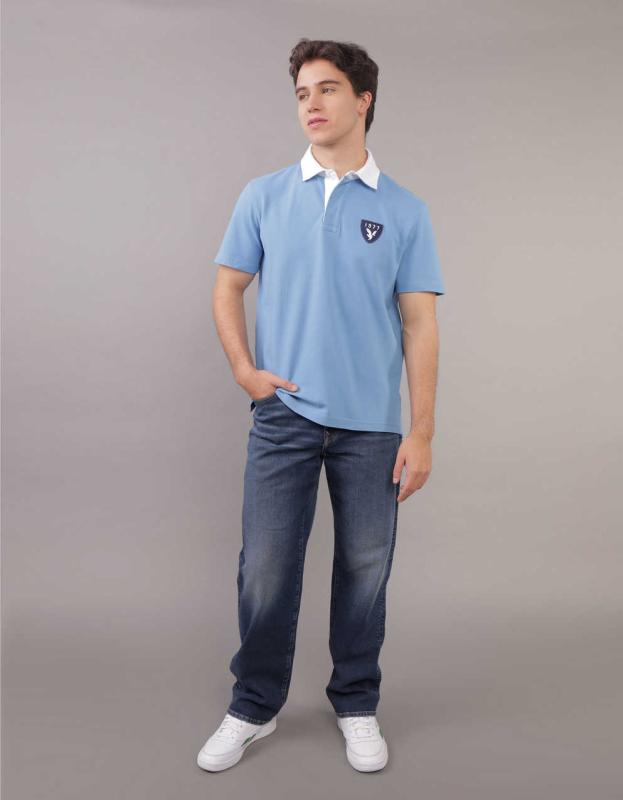 AE Flex Pique Rugby Polo Shirt - Rustic Blue, M 