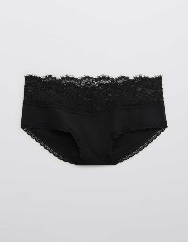 Aerie Cotton Eyelash Lace Boybrief Underwear - True Black, XL 