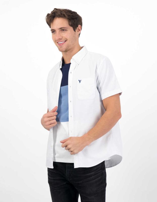 AE Short-Sleeve Everyday Oxford Button-Up Shirt - White, L 