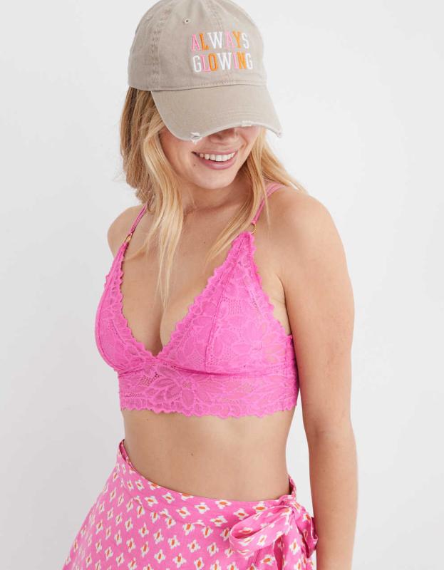 Aerie Sunkissed Lace Padded Plunge Bralette - Lip Gloss, S 