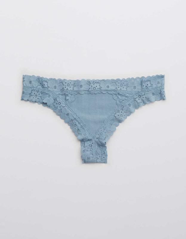 Aerie Ribbed Retro Lace Thong Underwear - Cloudy Blue, L 