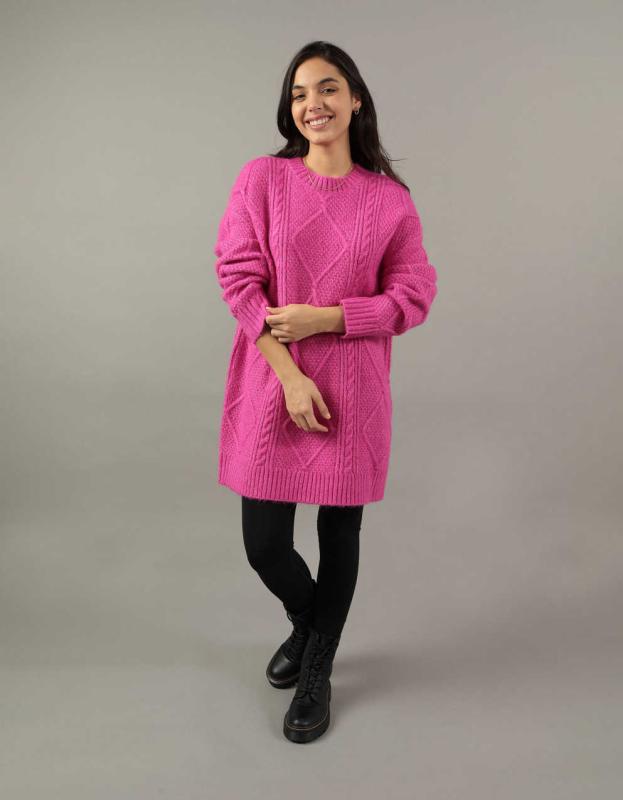 AE Oversized Cable Knit Sweater Dress - Pink, XS 