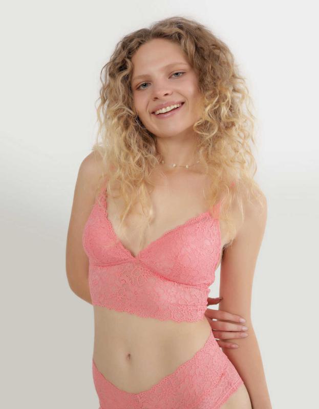 Show Off Eyelash Lace Padded Push Up Triangle Bralette - Strawberry Mist, XXS 