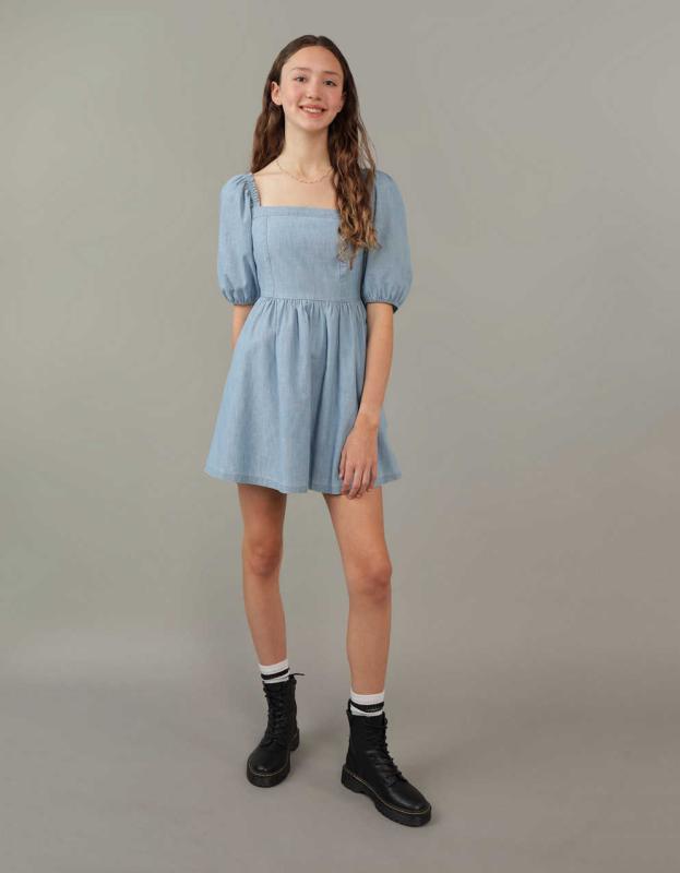 AE Puff Sleeve Mini Dress - Chambray Blue, S 