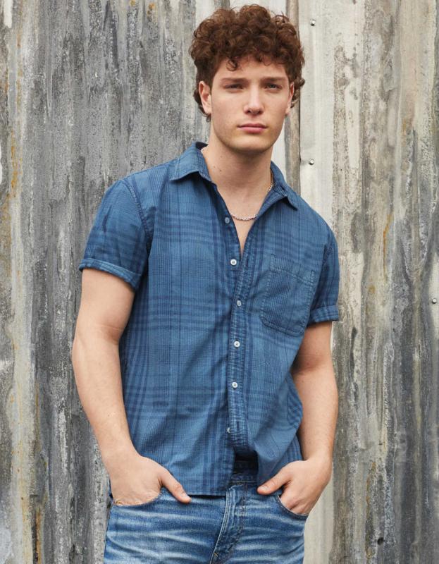 AE Plaid Button-Up Resort Shirt - Navy, L 