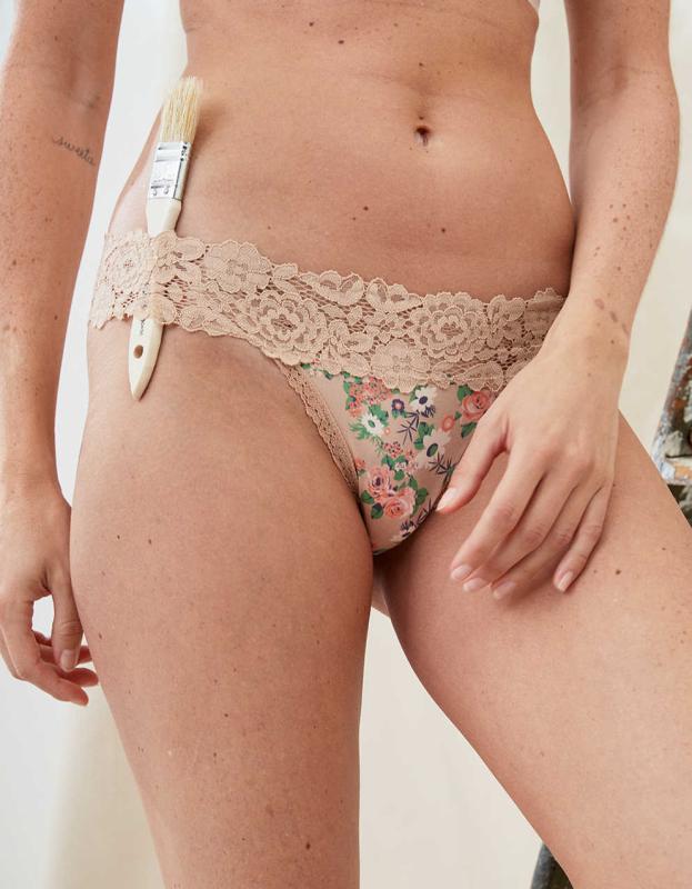 Aerie Bluegrass Lace Shine Thong Underwear - Sands, XS 