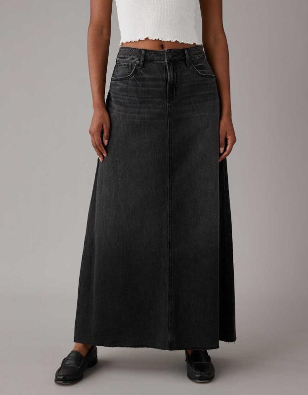 AE To The Floor Denim Maxi Skirt - Black, 00 
