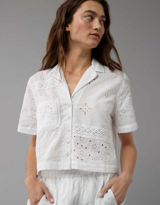 AE Cropped Eyelet Button-Up Shirt - White, XS 