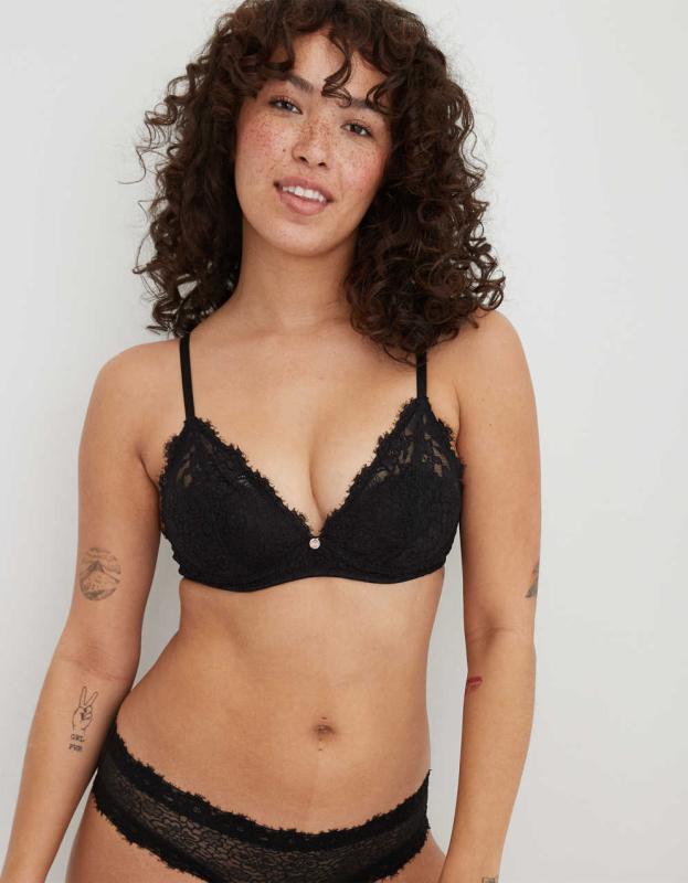 Aerie Real Power Wireless Push Up Eyelash Lace Bra - True Black, 75D 