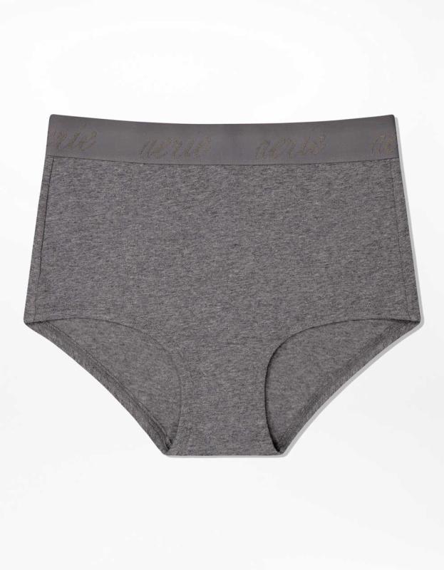 Aerie Cotton Logo High Waisted Boybrief Underwear - Dark Heather Gray, L 