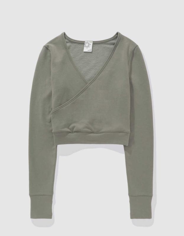 OFFLINE by Aerie OTT Fleece Wrap Top - Olive Fun, XS 