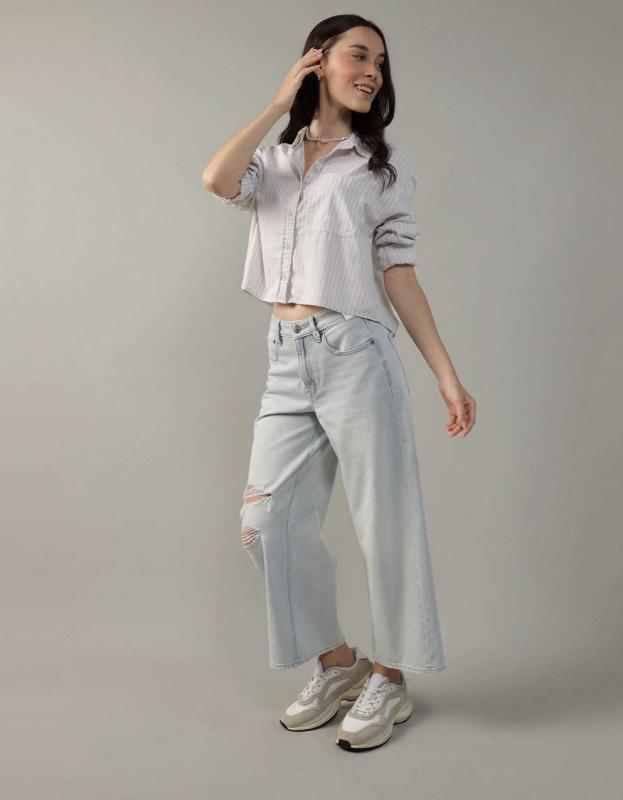 AE Cropped Button Up Shirt - Khaki, XXS 