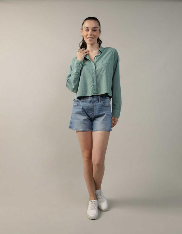 AE Cropped Button Up Shirt - Fresh Green, XS 