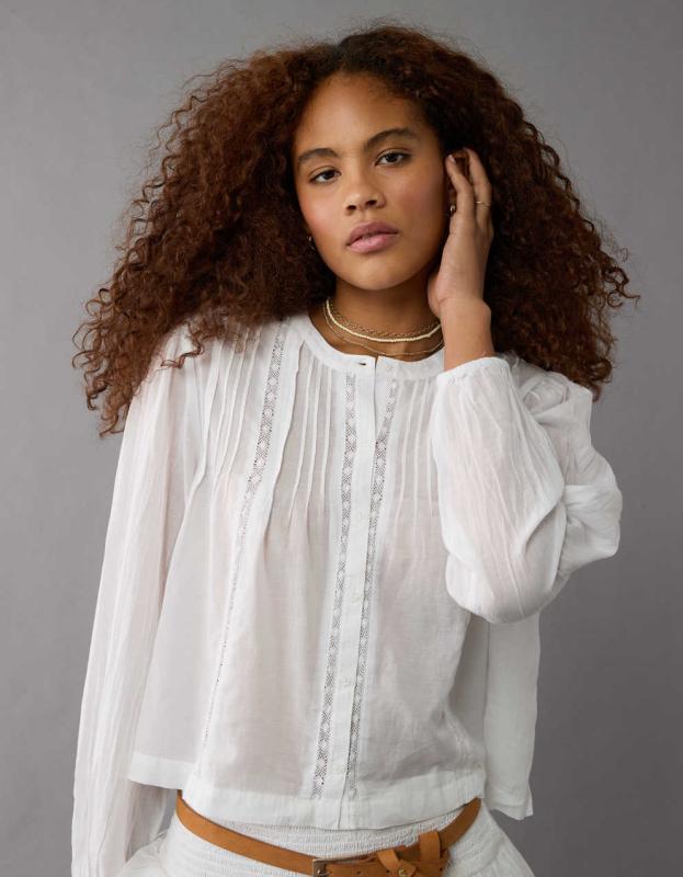 AE Pintucked Long-Sleeve Blouse - White, M 