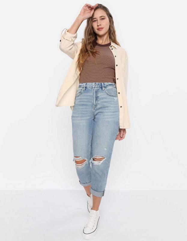 AE Bestie Long-Sleeve Button-Up Shirt - Soft Oat, S 