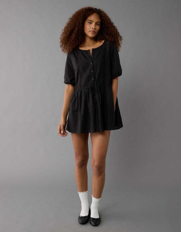 AE Button Front Tie Waist Mini Dress - Black, L 