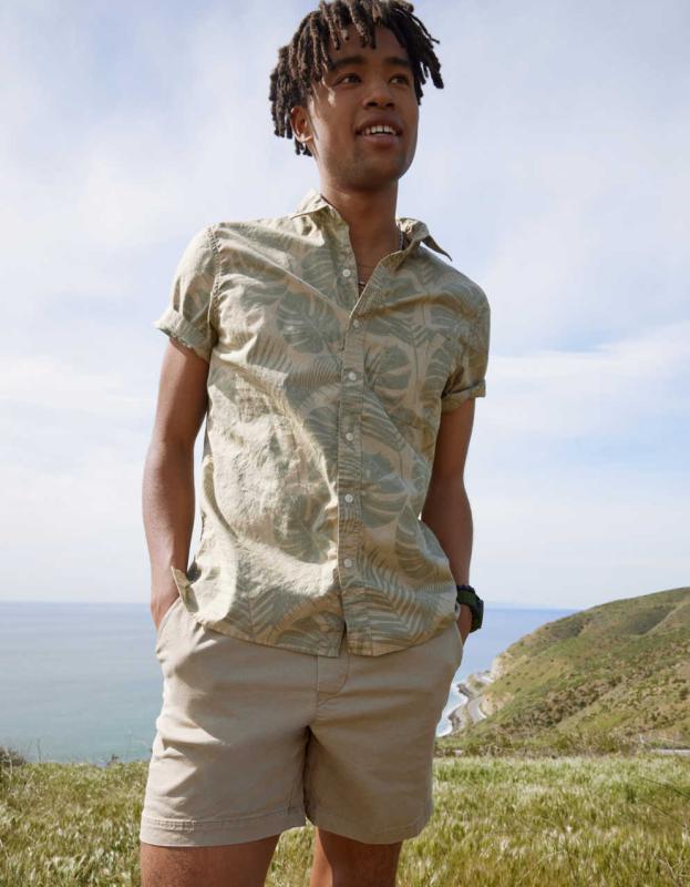 AE Tropical Button-Up Resort Shirt - Khaki, XS 