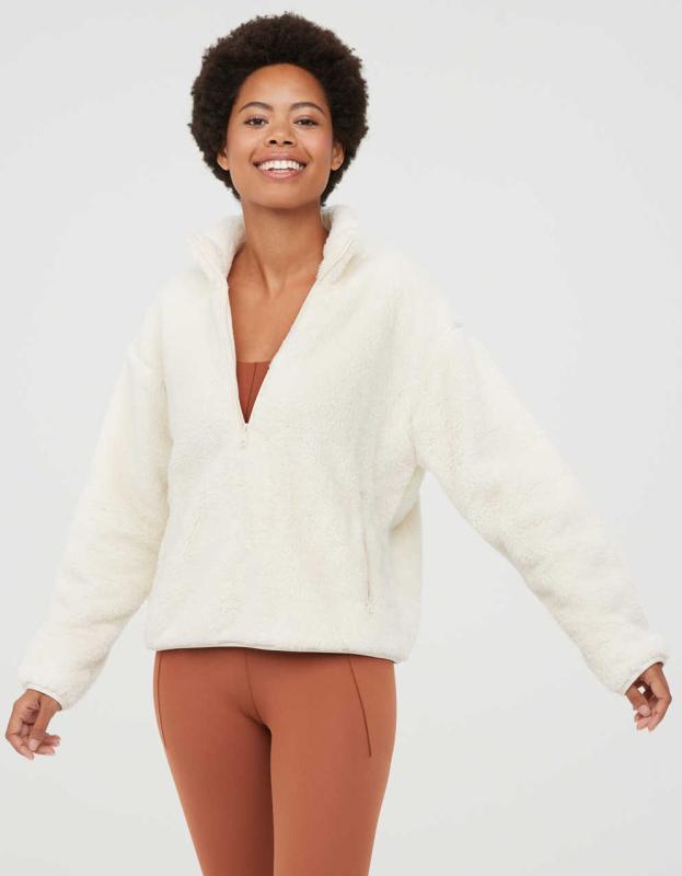 OFFLINE By Aerie Fluffy Sherpa Quarter Zip Sweatshirt - Toasted Coconut, XS 