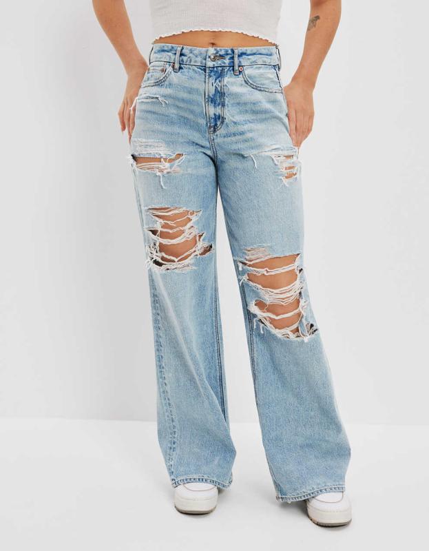 AE Strigid Ripped Curvy Super High-Waisted Baggy Wide-Leg Jean - Light Vintage, 0 