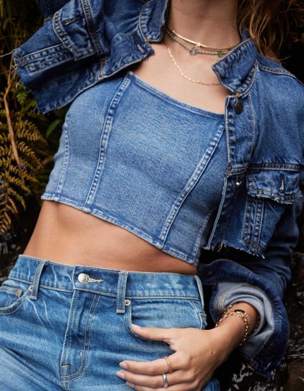 AE Sleeveless Denim Corset Top - Medium Wash, S 
