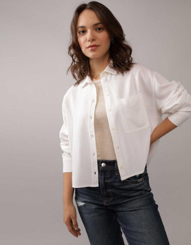 AE Cropped Button Up Shirt - White, XS 
