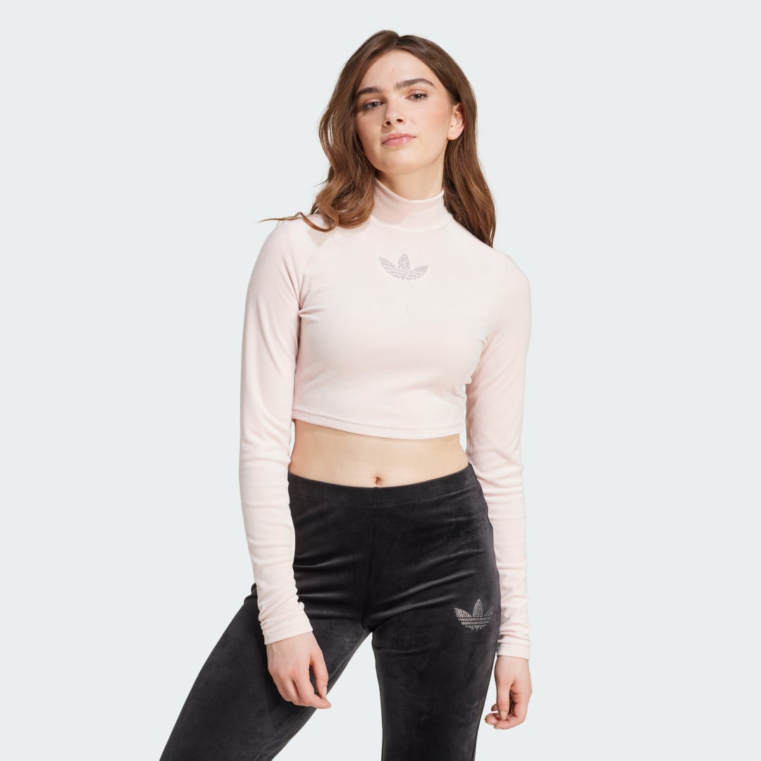adidas Long Sleeve Rhinestone Trefoil Velvet Crop Top Lifestyle A/2XS Women Sandy Pink