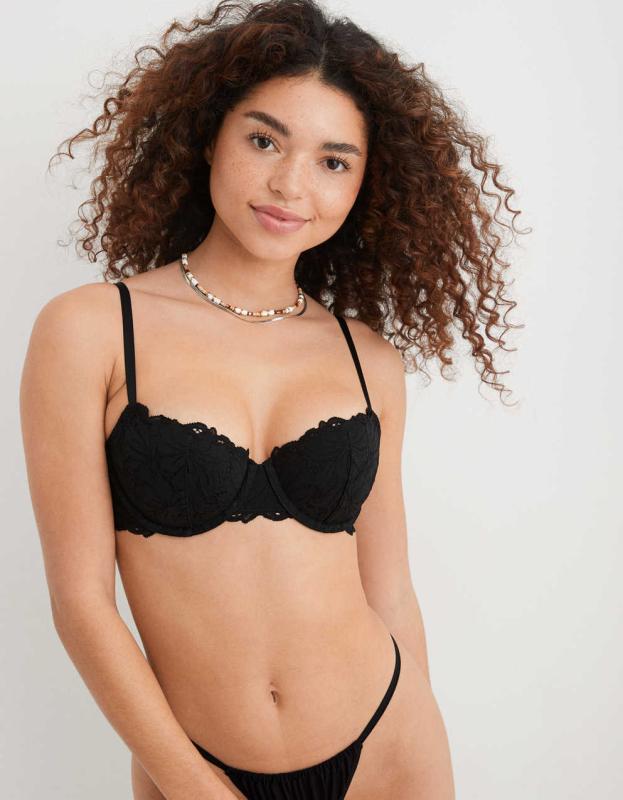 Aerie Real Power Balconette Beach Daze Lace Bra - True Black, 75C 
