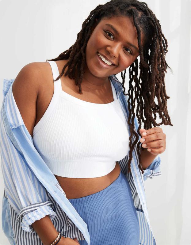 Aerie Ribbed Seamless High Neck Longline Bralette - White, XS 