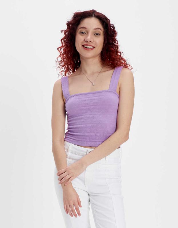 AE Smocked Square Neck Tank Top - Purple, M 